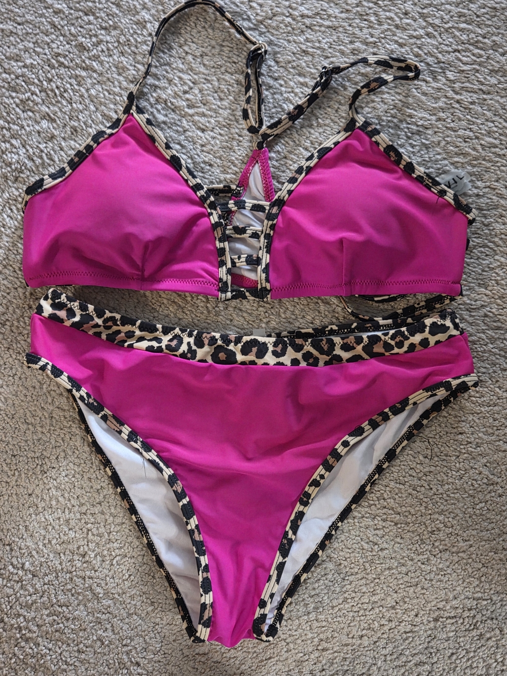 Hot Pink Bikini Set with Leopard Trim - Women's Two-Piece Swimwear